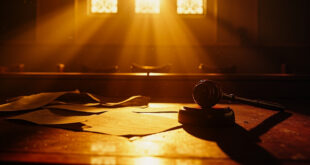 Empty wooden gavel rests on judge's bench with scattered legal documents in an abandoned federal courthouse awaiting verdict