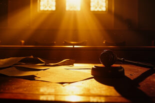Empty wooden gavel rests on judge's bench with scattered legal documents in an abandoned federal courthouse awaiting verdict