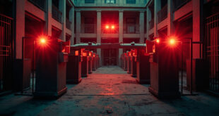 Abandoned security checkpoint with unmanned barriers and gates in a federal building courtyard