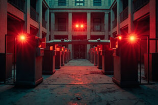 Abandoned security checkpoint with unmanned barriers and gates in a federal building courtyard