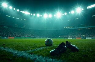 Abandoned football boots on grass beside a solitary ball in an empty stadium with dramatic lighting