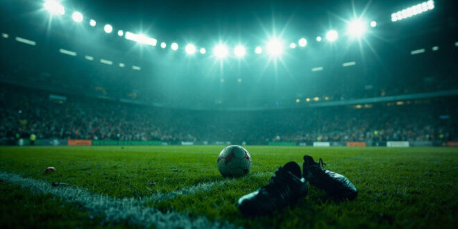 Abandoned football boots on grass beside a solitary ball in an empty stadium with dramatic lighting