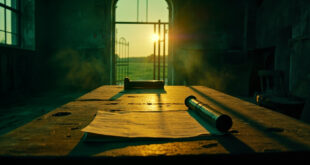 Sealed legal documents on wooden desk in empty rural Irish farmhouse at twilight, part of disputed 230-acre farm