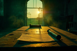 Sealed legal documents on wooden desk in empty rural Irish farmhouse at twilight, part of disputed 230-acre farm