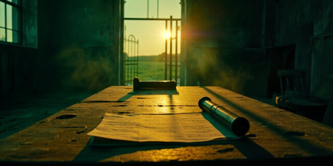Sealed legal documents on wooden desk in empty rural Irish farmhouse at twilight, part of disputed 230-acre farm