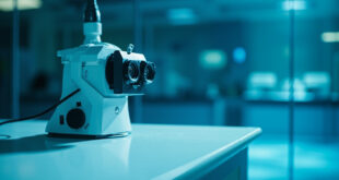 Unmanned ophthalmology testing devices illuminated on an empty desk in a sterile medical research laboratory