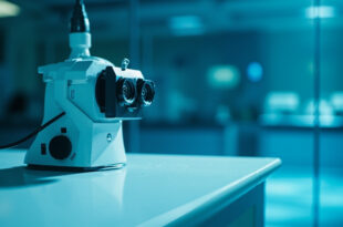 Unmanned ophthalmology testing devices illuminated on an empty desk in a sterile medical research laboratory