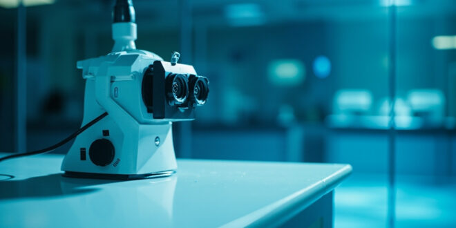 Unmanned ophthalmology testing devices illuminated on an empty desk in a sterile medical research laboratory