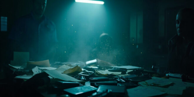 Confiscated smartphones and documents displayed on investigation desk in empty counter-terrorism evidence room