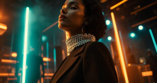 Designer clothing pieces featuring black crop top with chain belt arranged on minimalist displays in luxury fashion boutique