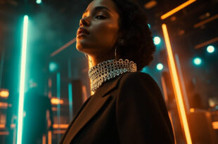 Designer clothing pieces featuring black crop top with chain belt arranged on minimalist displays in luxury fashion boutique