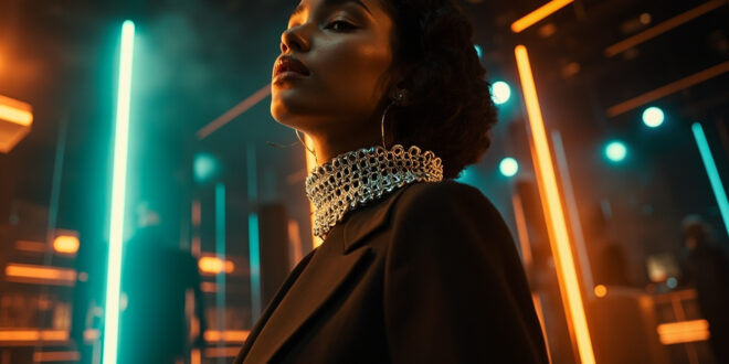 Designer clothing pieces featuring black crop top with chain belt arranged on minimalist displays in luxury fashion boutique