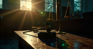 Empty courtroom after verdict at dusk, with judge's gavel on bench and scales of justice in abandoned courthouse