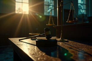 Empty courtroom after verdict at dusk, with judge's gavel on bench and scales of justice in abandoned courthouse