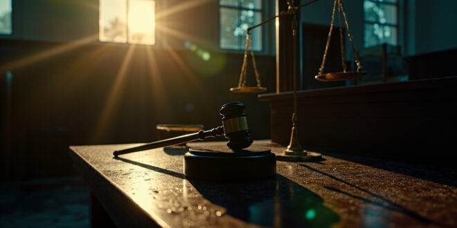 Empty courtroom after verdict at dusk, with judge's gavel on bench and scales of justice in abandoned courthouse