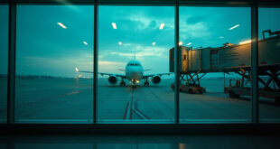 Empty commercial aircraft prepared for deportation flight on runway at dawn, viewed from deserted terminal