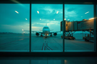 Empty commercial aircraft prepared for deportation flight on runway at dawn, viewed from deserted terminal