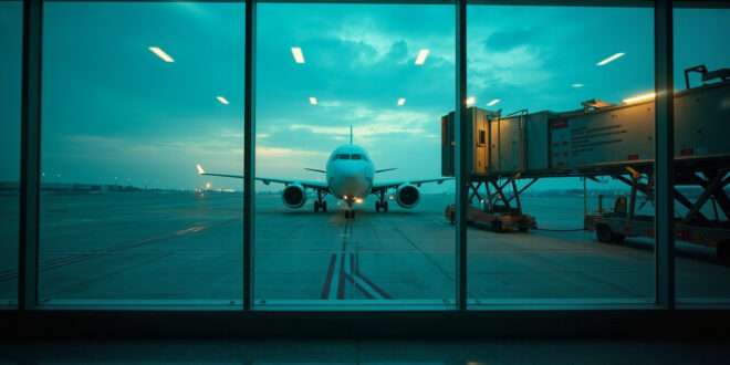Empty commercial aircraft prepared for deportation flight on runway at dawn, viewed from deserted terminal