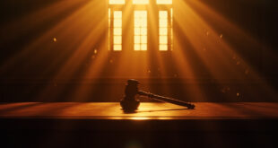 Empty constitutional court chamber at dawn, with abandoned judge's bench and gavel awaiting controversial election decision