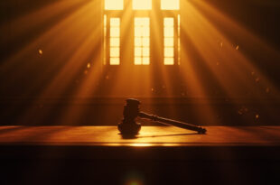 Empty constitutional court chamber at dawn, with abandoned judge's bench and gavel awaiting controversial election decision