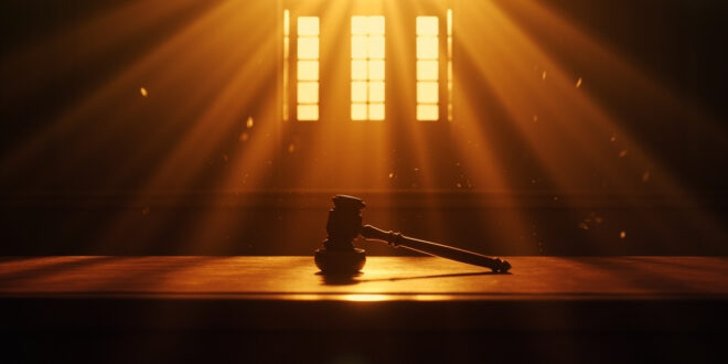 Empty constitutional court chamber at dawn, with abandoned judge's bench and gavel awaiting controversial election decision