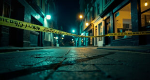Police cordon tape flutters in the wind at an abandoned crime scene on a deserted London street at night