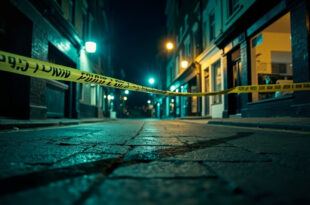 Police cordon tape flutters in the wind at an abandoned crime scene on a deserted London street at night