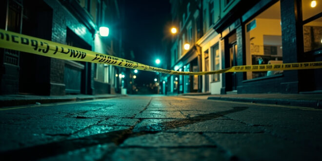 Police cordon tape flutters in the wind at an abandoned crime scene on a deserted London street at night