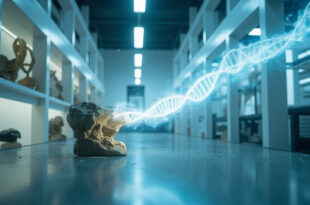 Glowing DNA strand emerges from fossilized dire wolf tooth in sterile laboratory with fossil displays