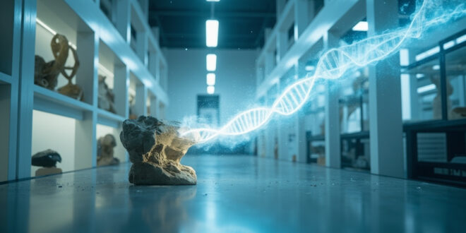 Glowing DNA strand emerges from fossilized dire wolf tooth in sterile laboratory with fossil displays