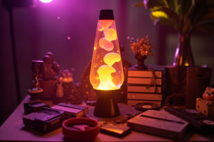 Vintage lava lamp glowing among 90s memorabilia and VHS tapes in a warmly lit therapeutic space