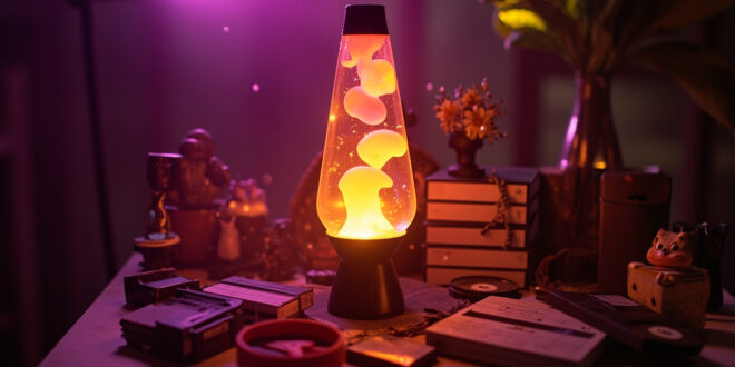 Vintage lava lamp glowing among 90s memorabilia and VHS tapes in a warmly lit therapeutic space