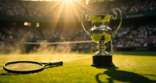 Gleaming silver tennis championship trophy next to racquet on pristine grass court, awaiting final match at empty Centre Court