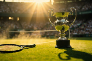 Gleaming silver tennis championship trophy next to racquet on pristine grass court, awaiting final match at empty Centre Court