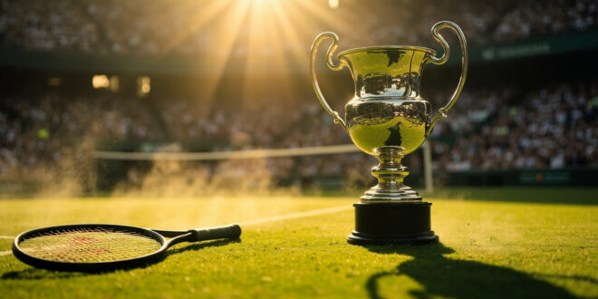 Gleaming silver tennis championship trophy next to racquet on pristine grass court, awaiting final match at empty Centre Court