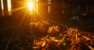 Abandoned chicken coop at dawn with empty nest containing cracked eggshells scattered in straw, bathed in warm golden light.