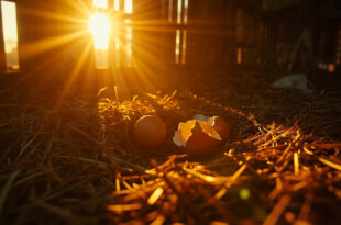 Abandoned chicken coop at dawn with empty nest containing cracked eggshells scattered in straw, bathed in warm golden light.