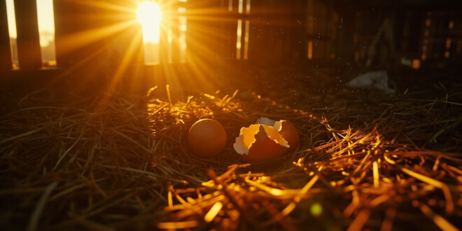 Abandoned chicken coop at dawn with empty nest containing cracked eggshells scattered in straw, bathed in warm golden light.