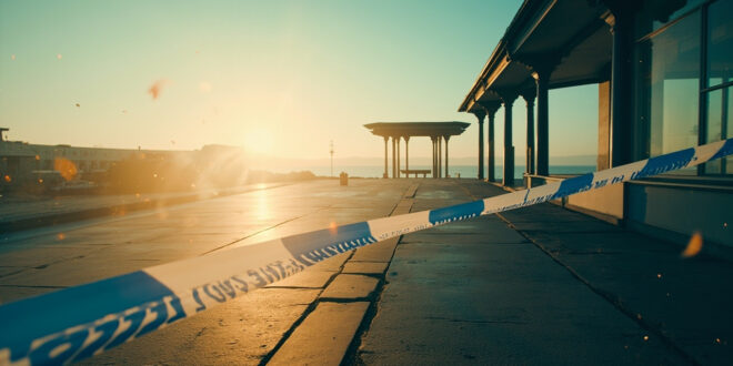 Blue and white police cordon tape flutters in the breeze on a deserted seaside promenade at dawn