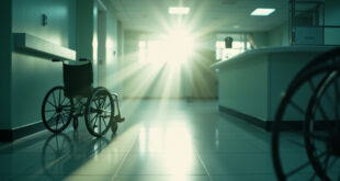 Empty hospital wheelchair in dimly-lit corridor at dawn, abandoned clipboard on reception desk, medical equipment visible