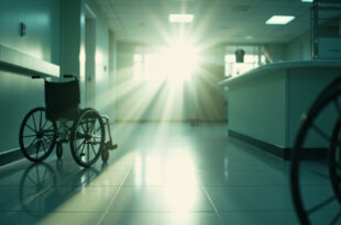Empty hospital wheelchair in dimly-lit corridor at dawn, abandoned clipboard on reception desk, medical equipment visible