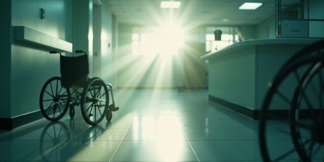 Empty hospital wheelchair in dimly-lit corridor at dawn, abandoned clipboard on reception desk, medical equipment visible