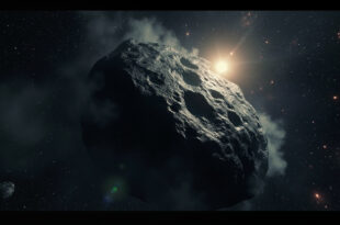 Massive rocky interstellar object traveling through deep space with distant stars and planets visible against a black backdrop.