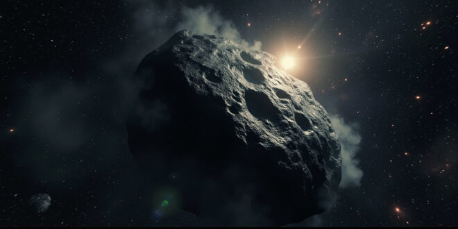 Massive rocky interstellar object traveling through deep space with distant stars and planets visible against a black backdrop.