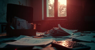 Abandoned ministerial office in Berlin with scattered healthcare budget documents and overflowing inbox of unpaid bills