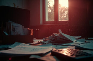 Abandoned ministerial office in Berlin with scattered healthcare budget documents and overflowing inbox of unpaid bills