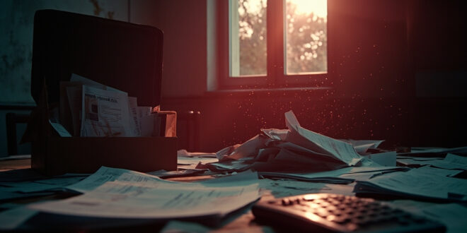 Abandoned ministerial office in Berlin with scattered healthcare budget documents and overflowing inbox of unpaid bills