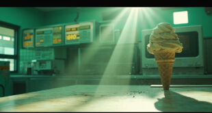 Abandoned ice cream parlor with empty counter, high prices on display board, and a solitary ice cream cone in mint green setting