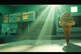Abandoned ice cream parlor with empty counter, high prices on display board, and a solitary ice cream cone in mint green setting