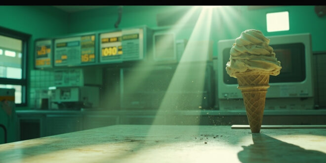 Abandoned ice cream parlor with empty counter, high prices on display board, and a solitary ice cream cone in mint green setting